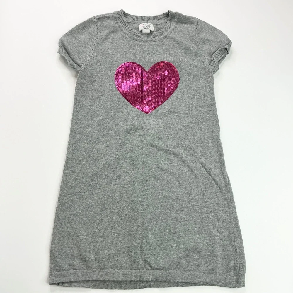 The Children's Place Grey Sweater Dress Kids 5/6 Pink Sequin Heart Short Slv